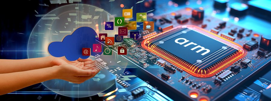 Cloud services flowing to an ARM chip, representing ARM-powered cloud infrastructure.