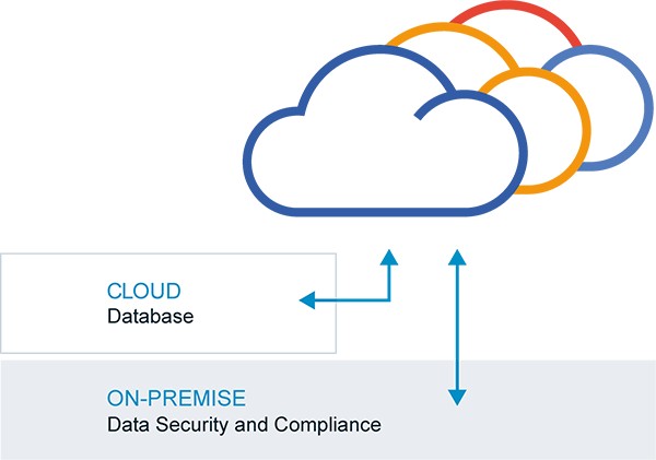 Diagram showing a cloud database and on-premise data security and compliance layer, connected bidirectionally.