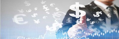 A businessman touching a glowing dollar sign surrounded by international currency symbols and market charts.
