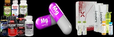 Nutraceutical supplement bottles, capsules, and wellness drink products.
